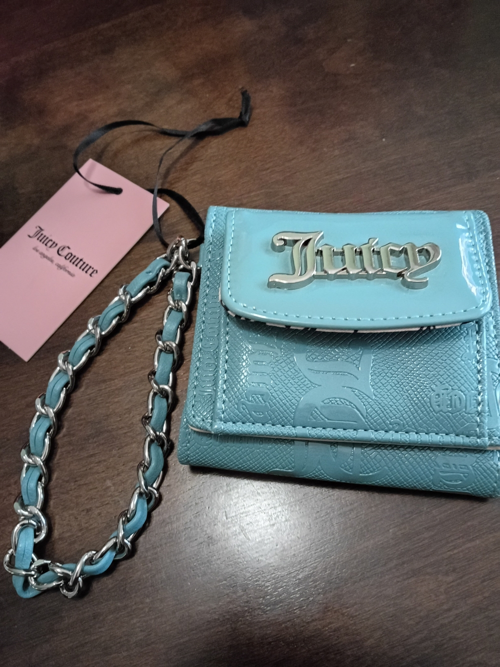 Juicy Couture NWT Aqua Patent Mini Wallet /Wristlet with Chain